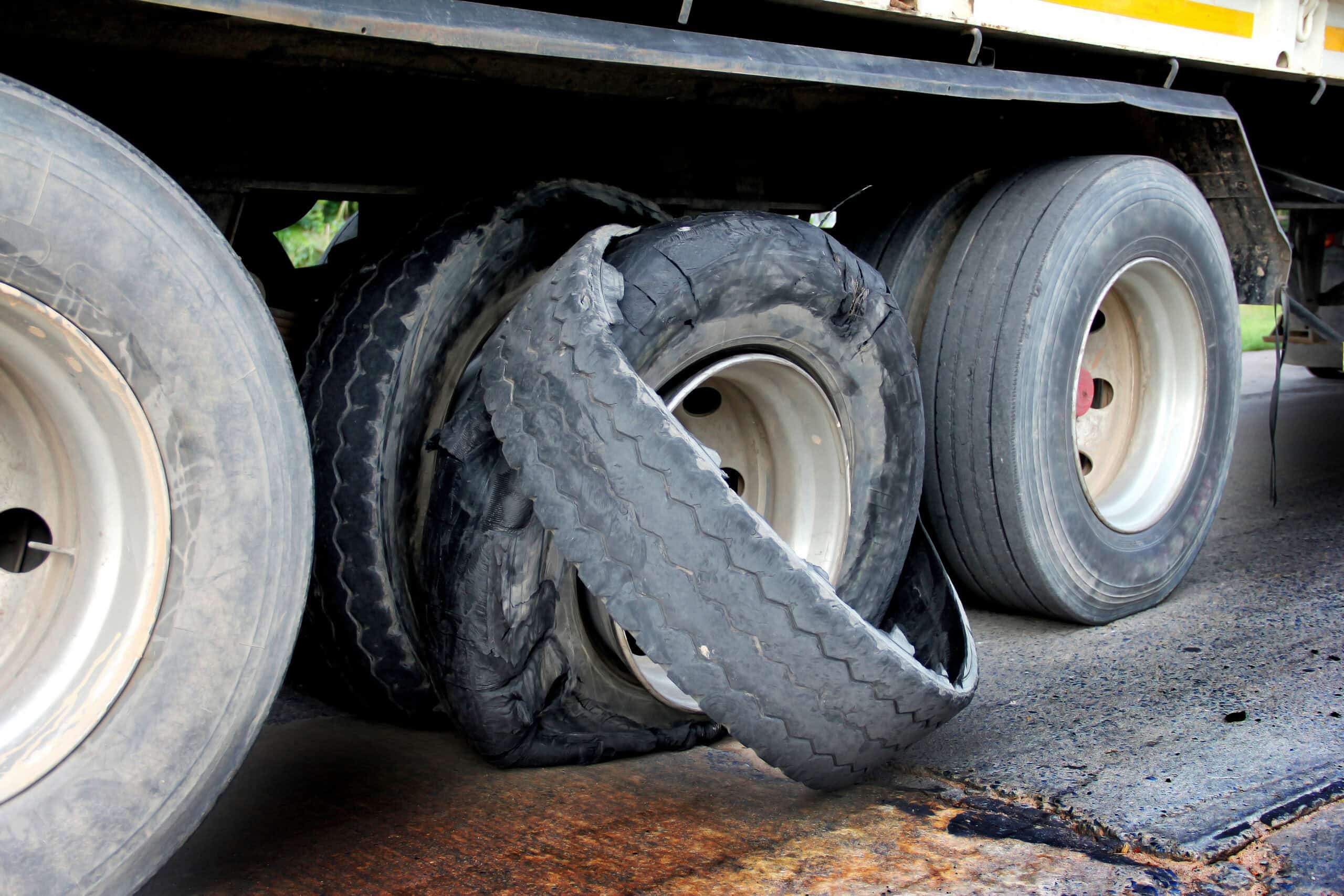 A tire blowout on a semi truck.