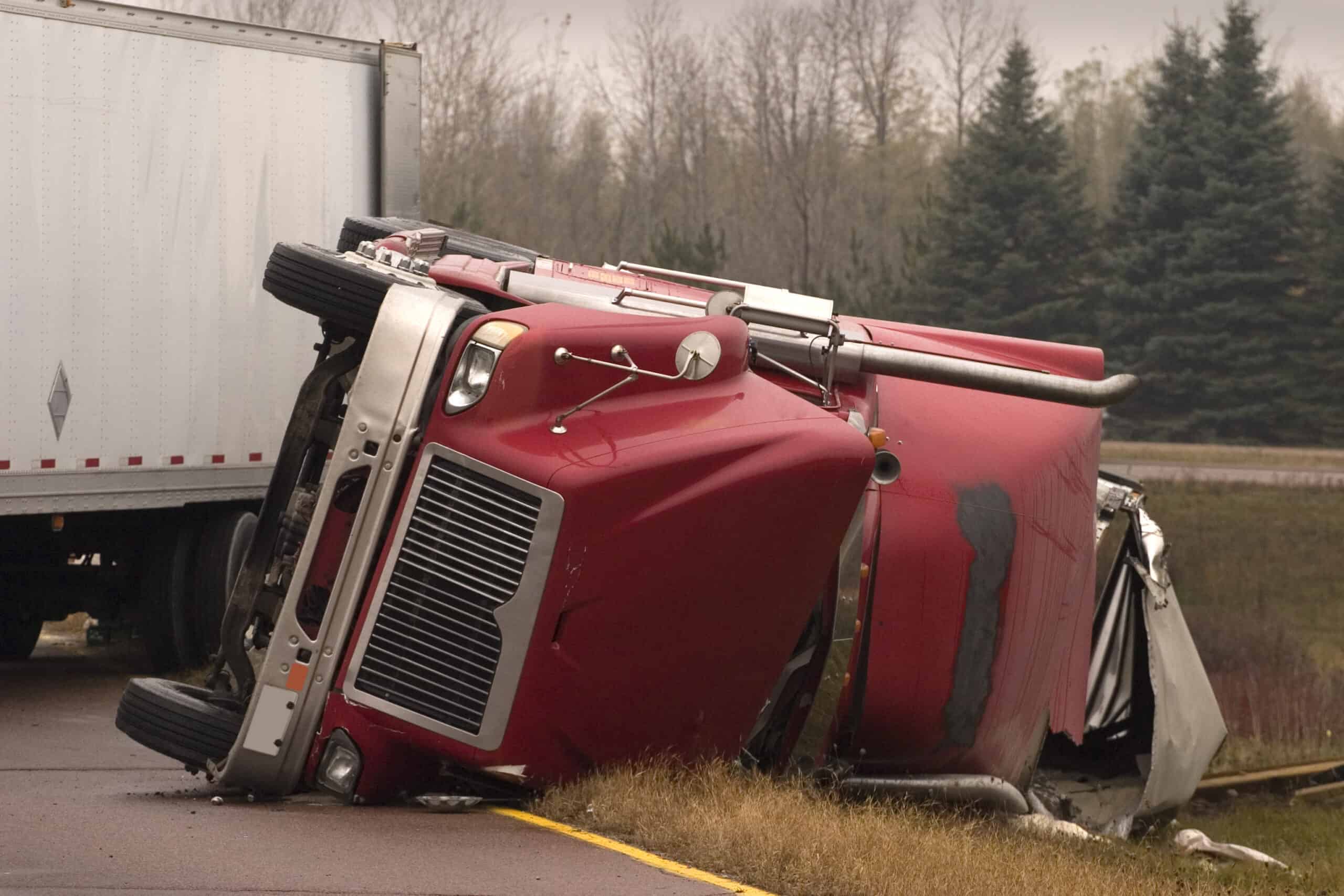 A jackknife truck accident on the side of an Indiana highway.