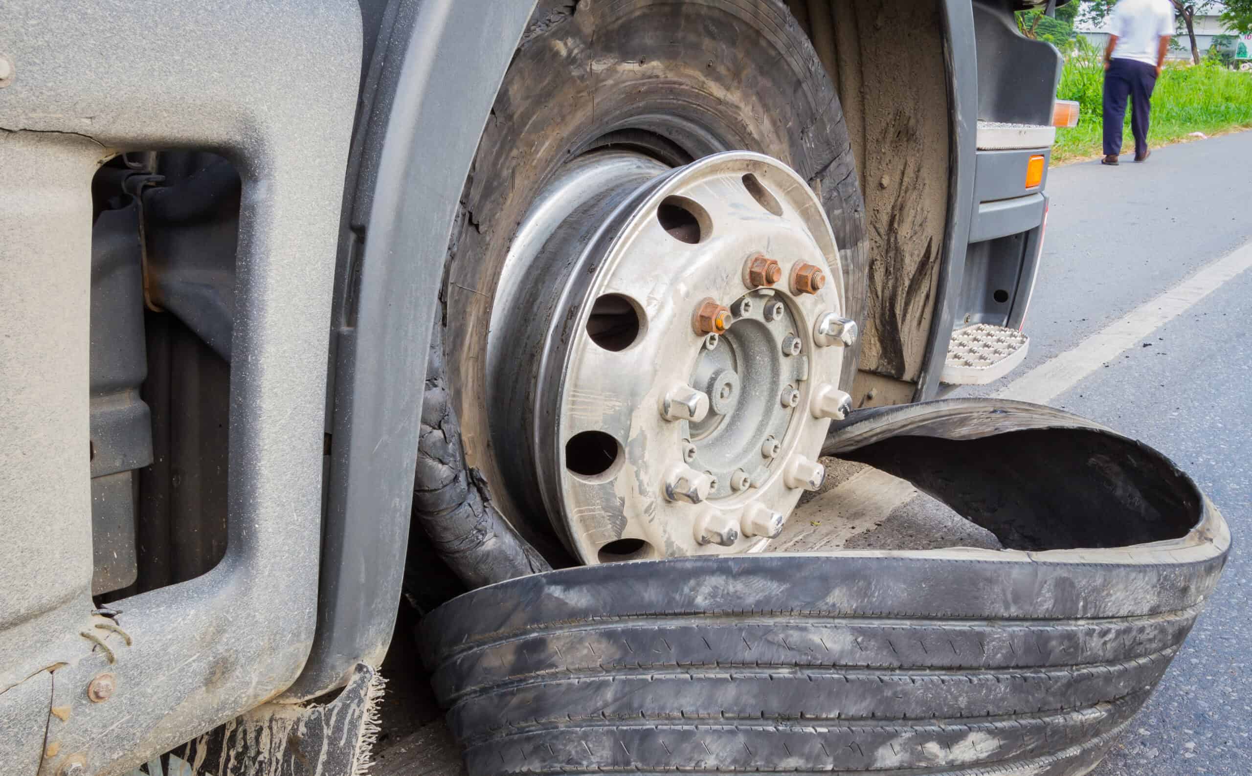 A blown out semi-truck tire.